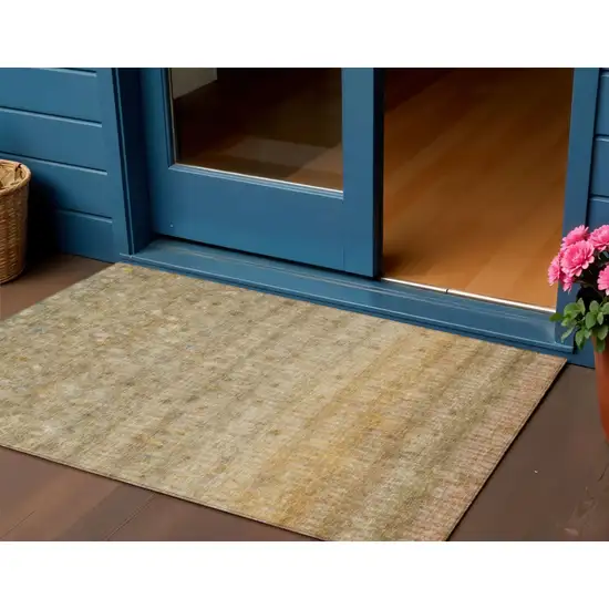 Beige And Gold Striped Washable Indoor Outdoor Area Rug Photo 1