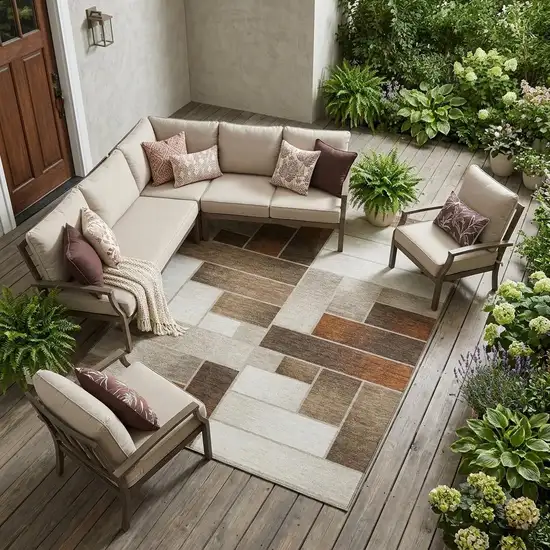 Beige And Graphite Geometric Washable Indoor Outdoor Area Rug Photo 1