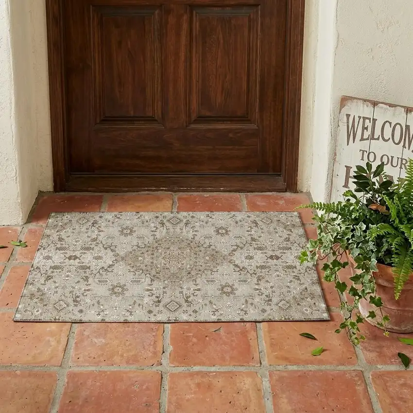 Beige And Graphite Medallion Washable Indoor Outdoor Area Rug Photo 1