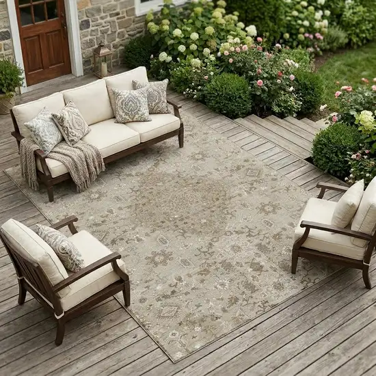 Beige And Graphite Medallion Washable Indoor Outdoor Area Rug Photo 1