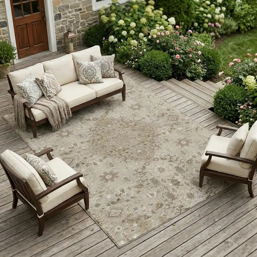 Beige And Graphite Medallion Washable Indoor Outdoor Area Rug Photo 1