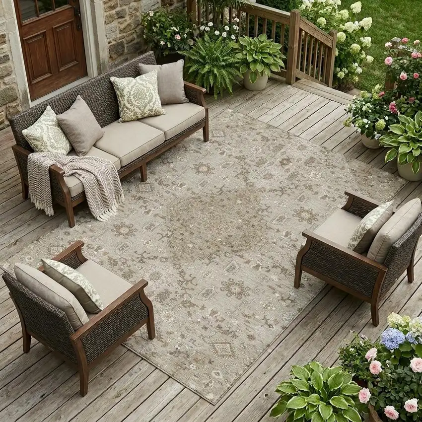 Beige And Graphite Medallion Washable Indoor Outdoor Area Rug Photo 1