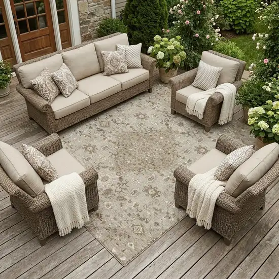 Beige And Graphite Medallion Washable Indoor Outdoor Area Rug Photo 1