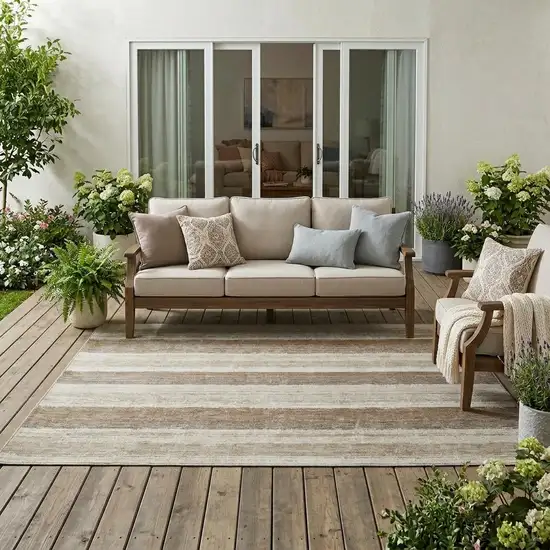 Beige And Graphite Striped Washable Indoor Outdoor Area Rug Photo 1
