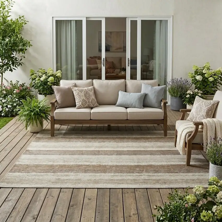 Beige And Graphite Striped Washable Indoor Outdoor Area Rug Photo 1