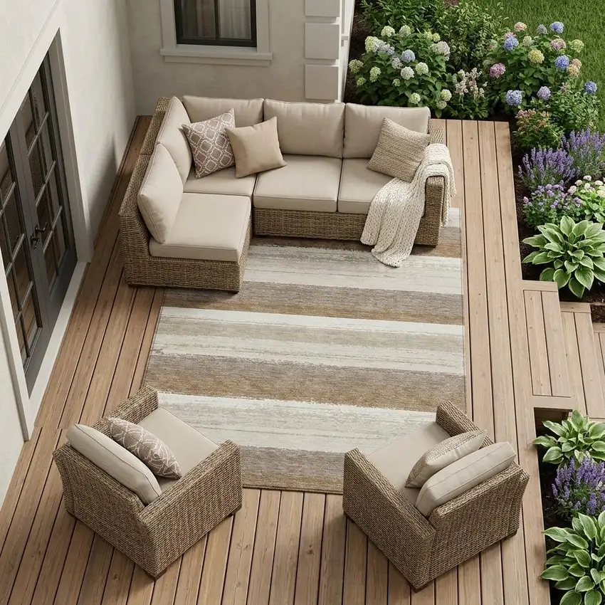 Beige And Graphite Striped Washable Indoor Outdoor Area Rug Photo 1