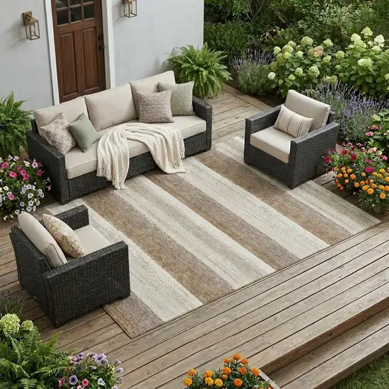 Beige And Graphite Striped Washable Indoor Outdoor Area Rug Photo 1