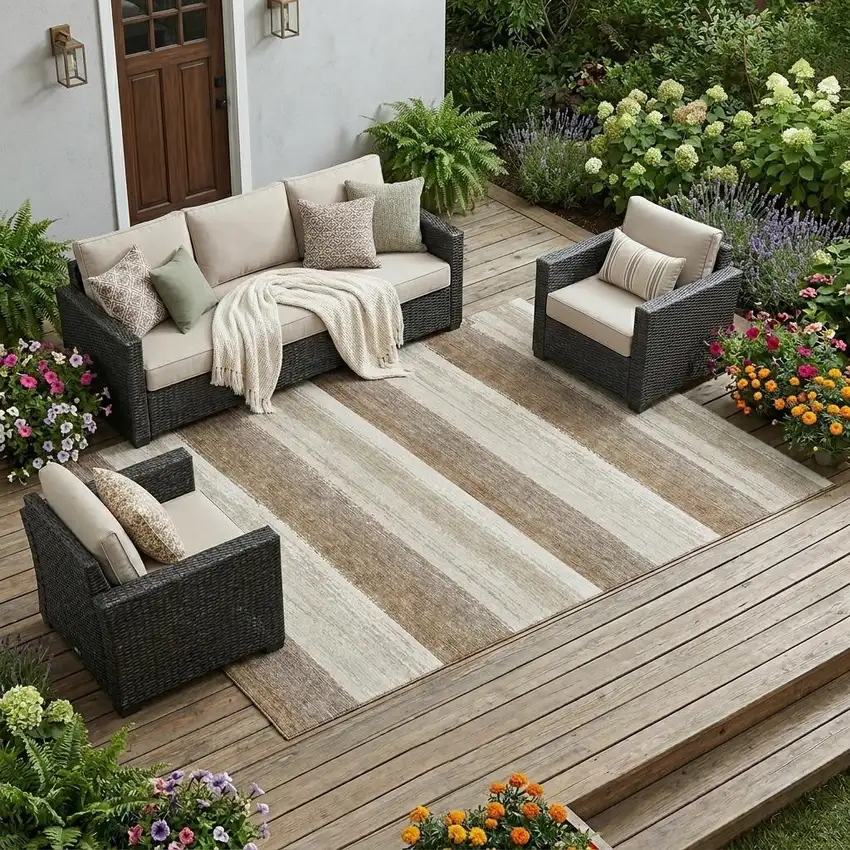 Beige And Graphite Striped Washable Indoor Outdoor Area Rug Photo 1