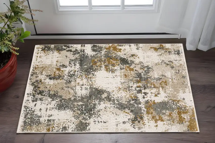Beige And Gray Abstract Area Rug With Fringe Photo 1