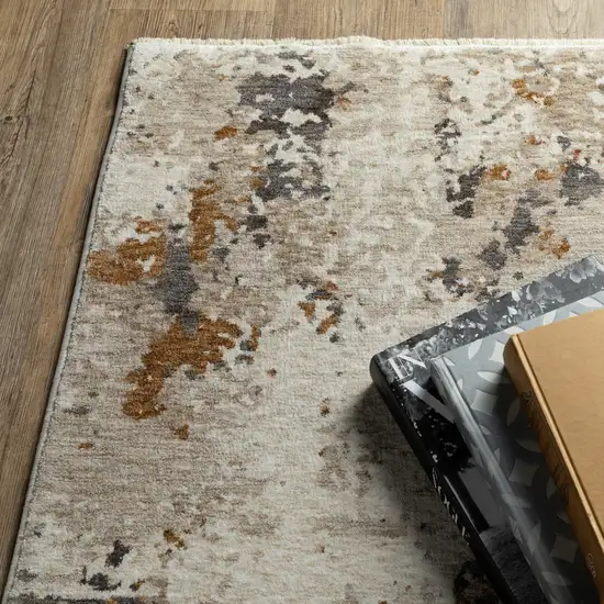 Beige And Gray Abstract Distressed Area Rug With Fringe Photo 8