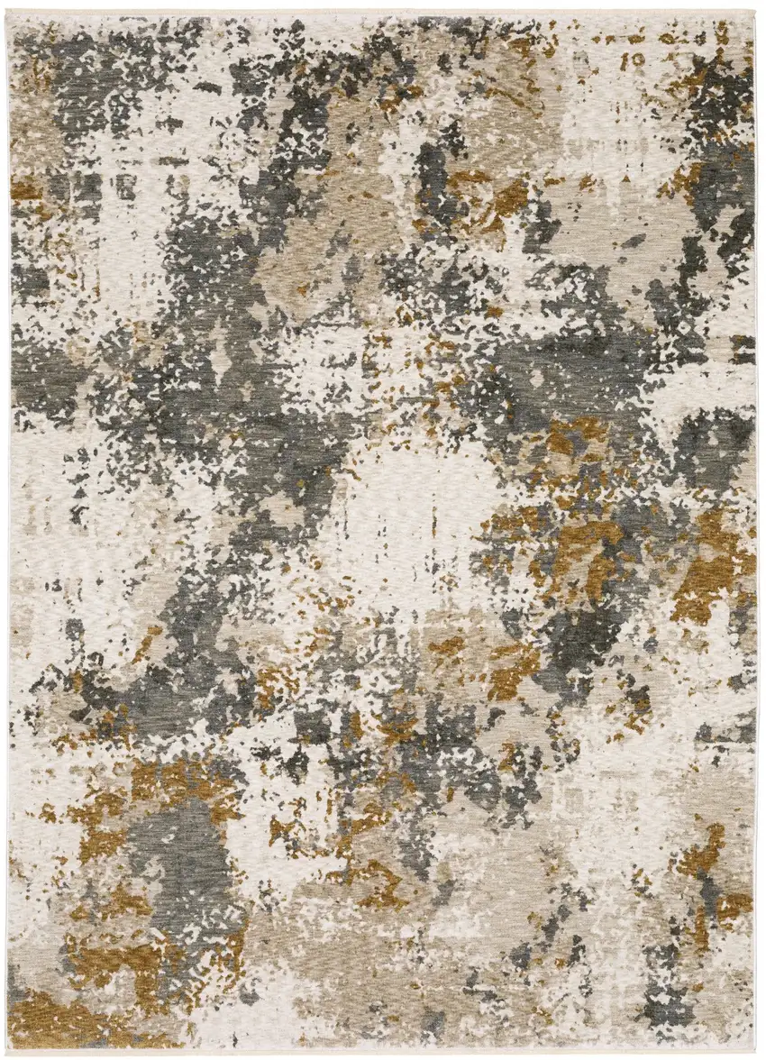 Beige And Gray Abstract Distressed Area Rug With Fringe Photo 2
