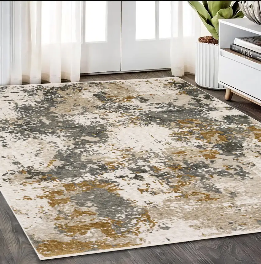 Beige And Gray Abstract Distressed Area Rug With Fringe Photo 1