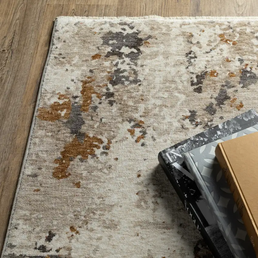 Beige And Gray Abstract Distressed Area Rug With Fringe Photo 9