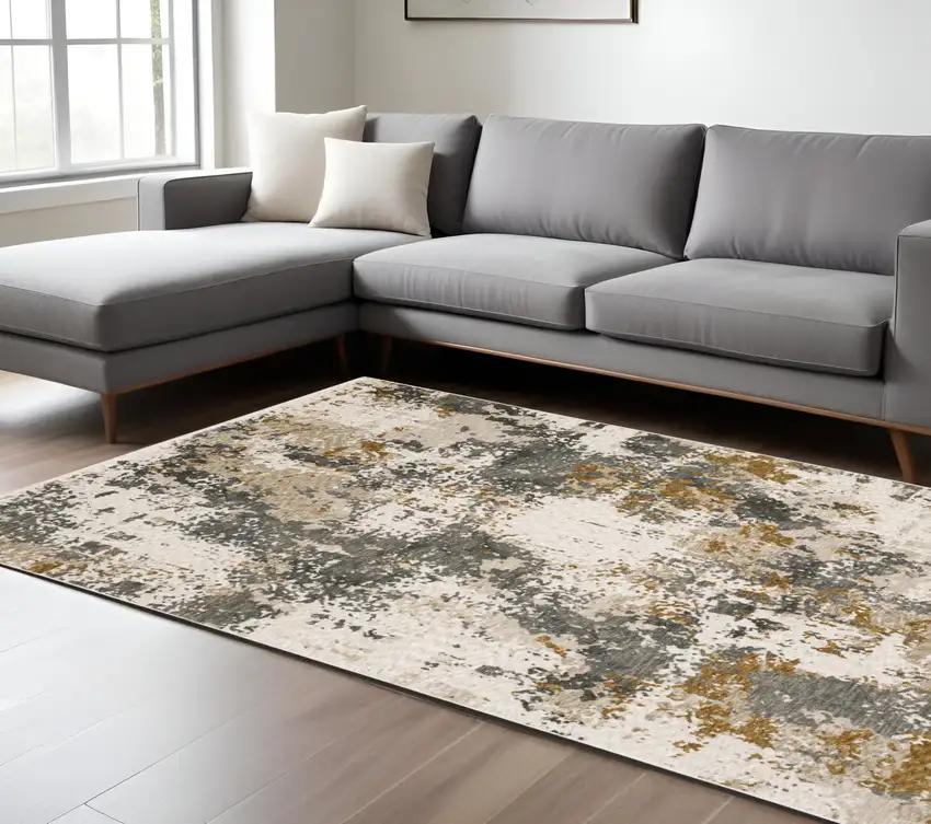 Beige And Gray Abstract Distressed Area Rug With Fringe Photo 1