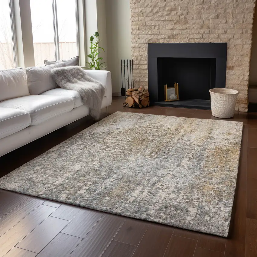 Beige And Gray Abstract Washable Area Rug With UV Protection Photo 5