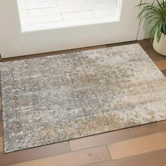 Beige And Gray Abstract Washable Area Rug With UV Protection Photo 1