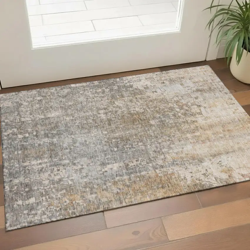 Beige And Gray Abstract Washable Area Rug With UV Protection Photo 1