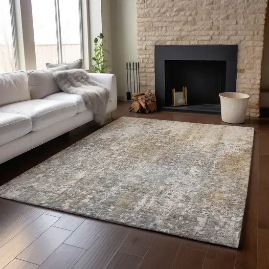 Beige And Gray Abstract Washable Area Rug With UV Protection Photo 6