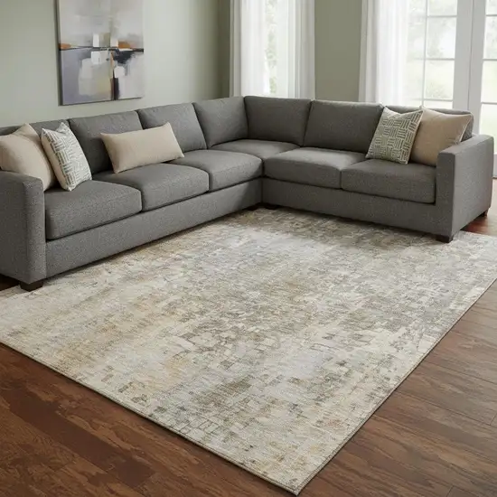 Beige And Gray Abstract Washable Area Rug With UV Protection Photo 1