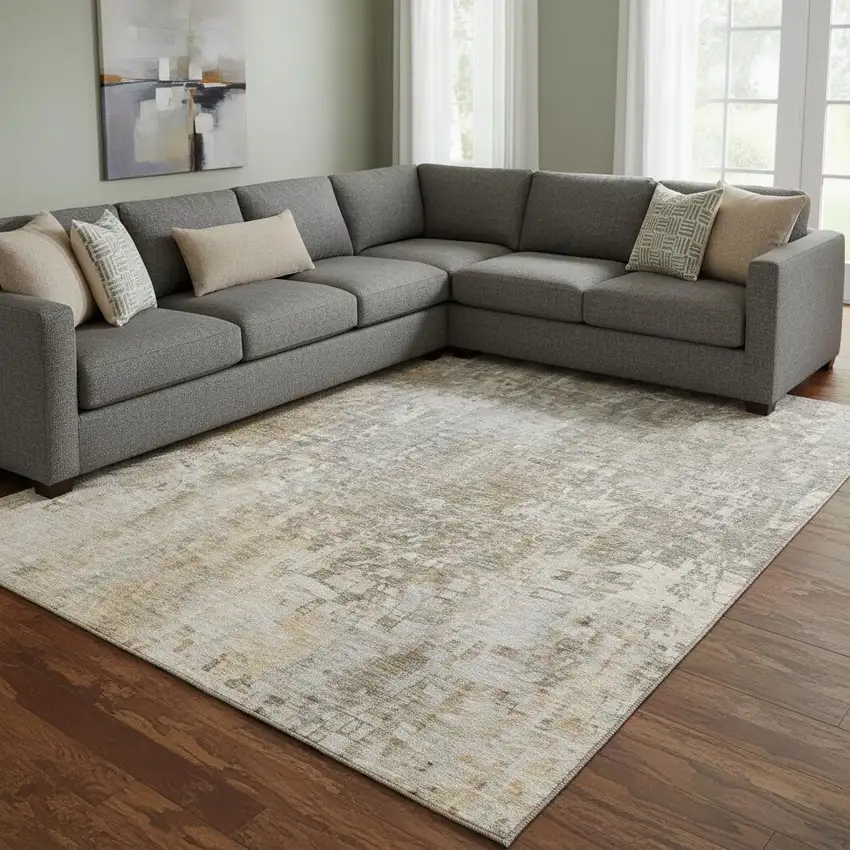 Beige And Gray Abstract Washable Area Rug With UV Protection Photo 1