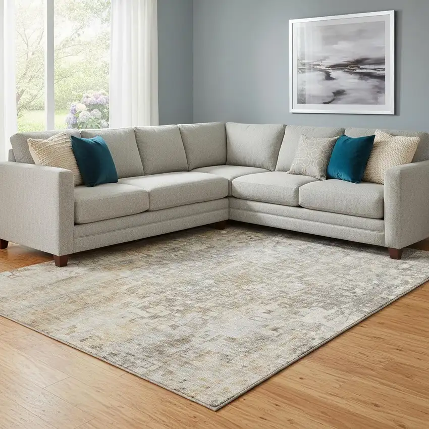 Beige And Gray Abstract Washable Area Rug With UV Protection Photo 1