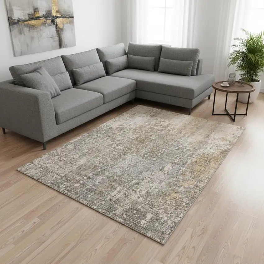 Beige And Gray Abstract Washable Area Rug With UV Protection Photo 2