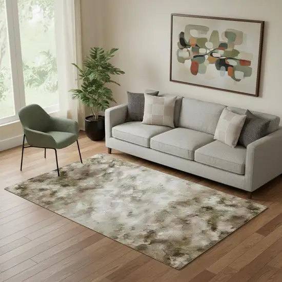 Beige And Gray Abstract Washable Area Rug With UV Protection Photo 2