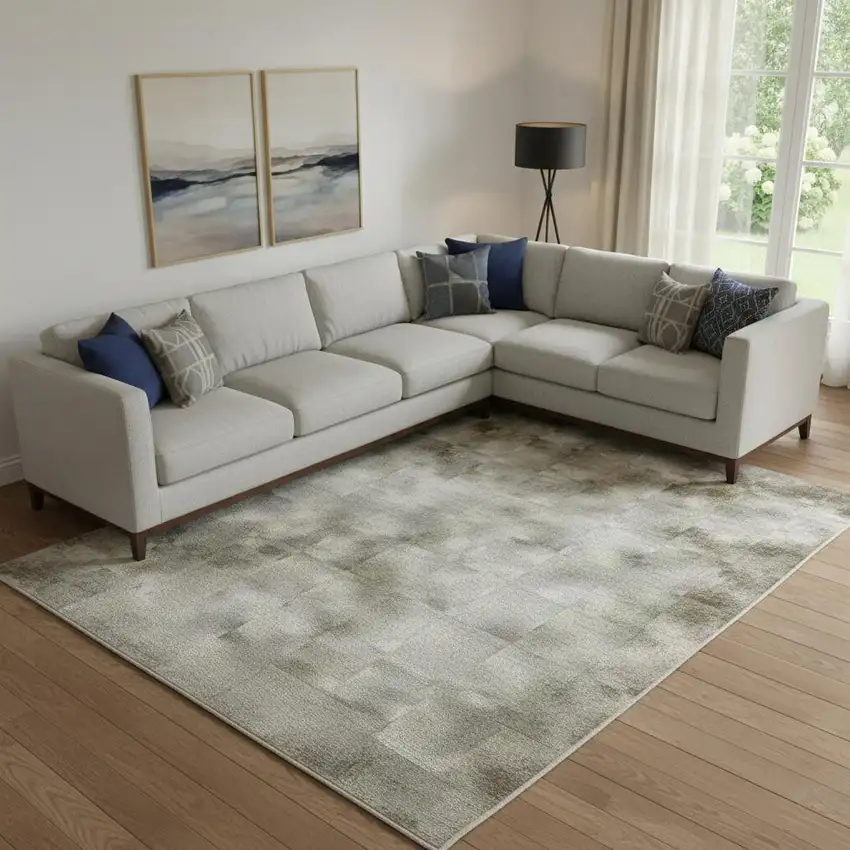 Beige And Gray Abstract Washable Area Rug With UV Protection Photo 2
