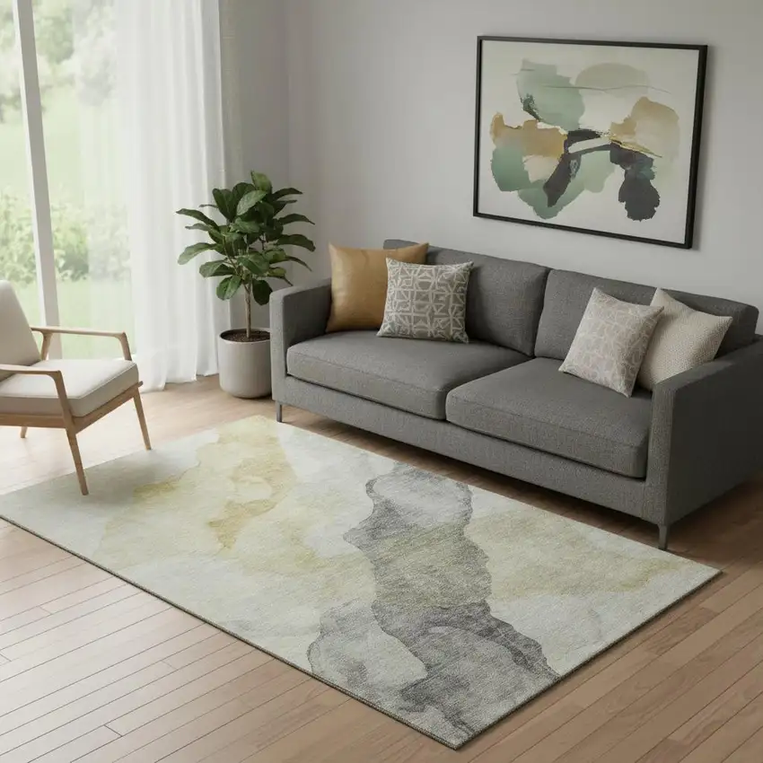 Beige And Gray Abstract Washable Area Rug With UV Protection Photo 2
