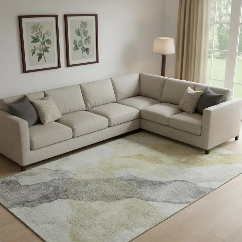 Beige And Gray Abstract Washable Area Rug With UV Protection Photo 2