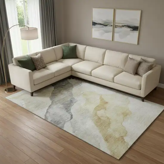Beige And Gray Abstract Washable Area Rug With UV Protection Photo 2