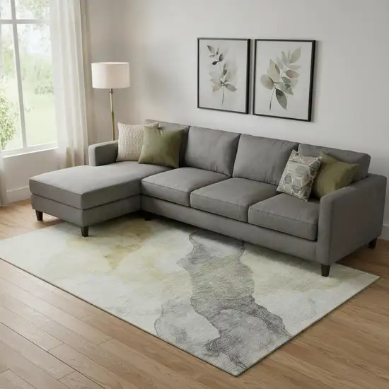 Beige And Gray Abstract Washable Area Rug With UV Protection Photo 2