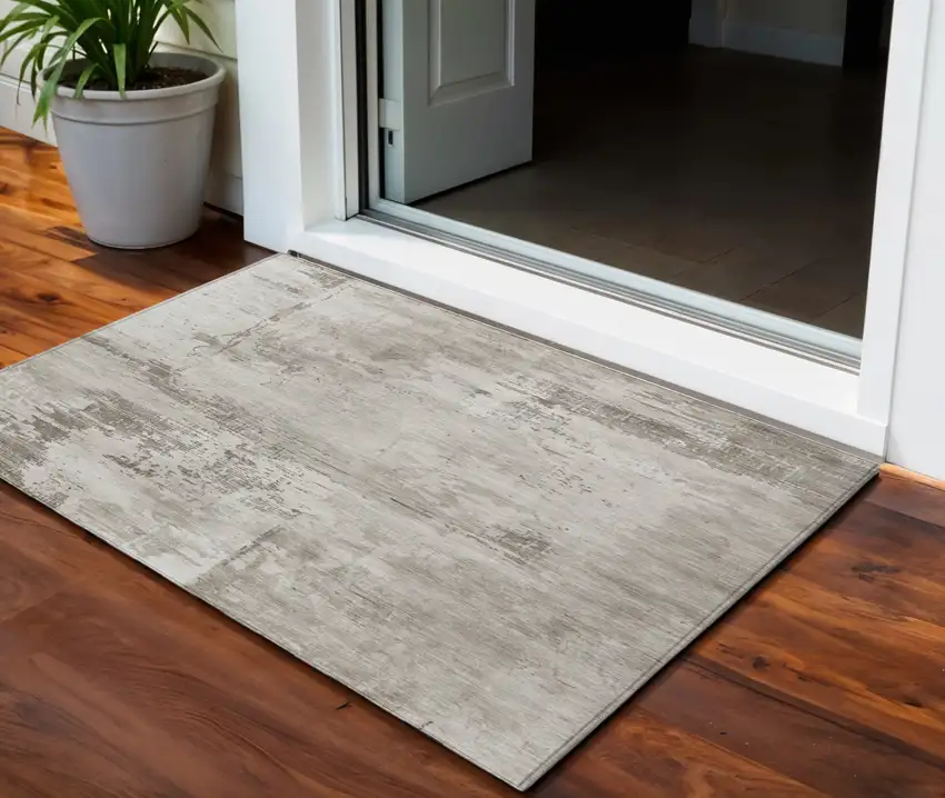 Beige And Gray Abstract Washable Indoor Outdoor Area Rug Photo 1