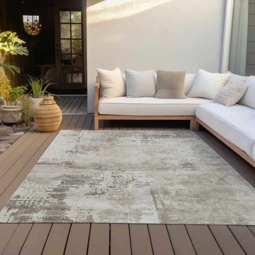 Beige And Gray Abstract Washable Indoor Outdoor Area Rug Photo 9