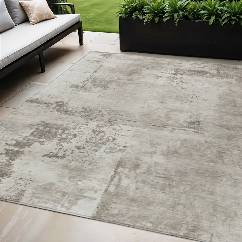 Beige And Gray Abstract Washable Indoor Outdoor Area Rug Photo 1