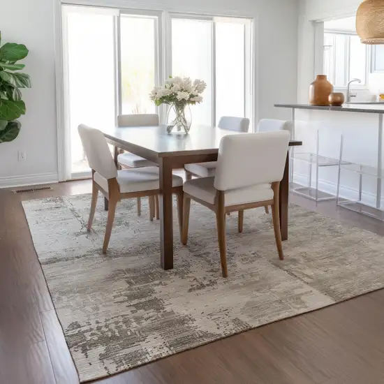 Beige And Gray Abstract Washable Indoor Outdoor Area Rug Photo 9