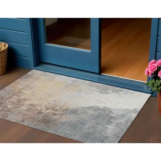 Beige And Gray Abstract Washable Indoor Outdoor Area Rug Photo 2