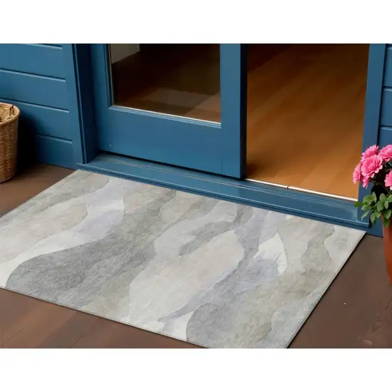 Beige And Gray Abstract Washable Indoor Outdoor Area Rug Photo 2