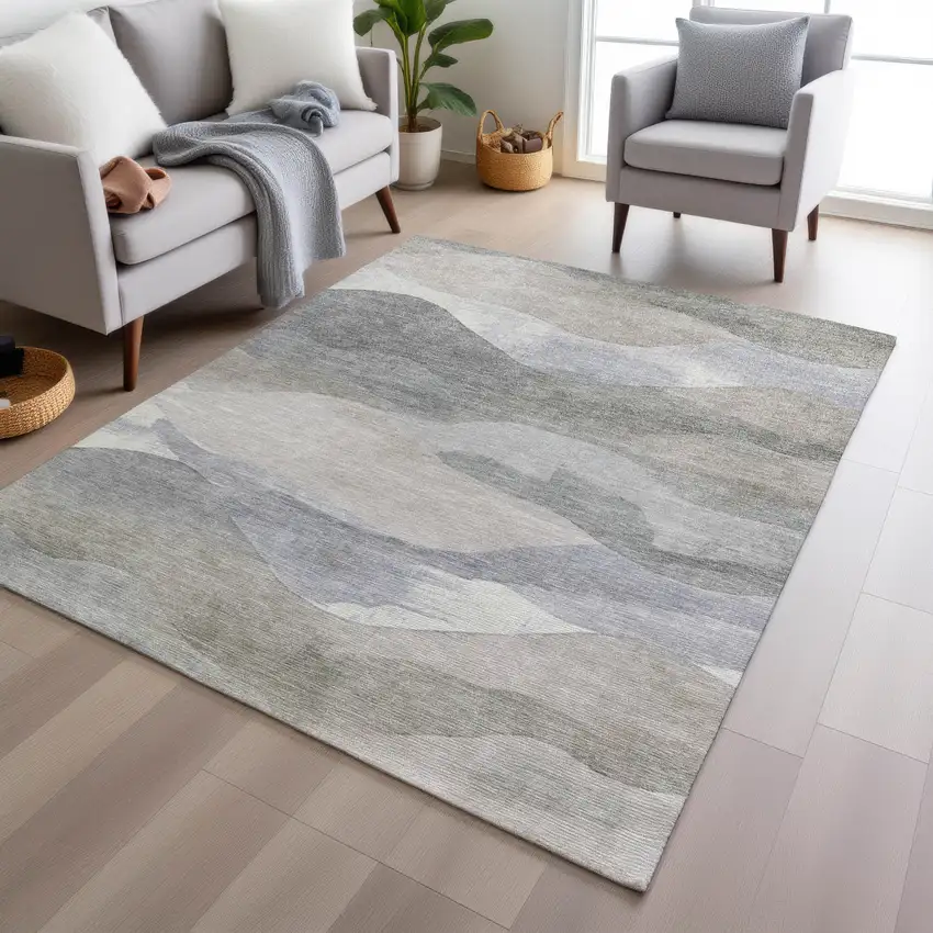 Beige And Gray Abstract Washable Indoor Outdoor Area Rug Photo 6