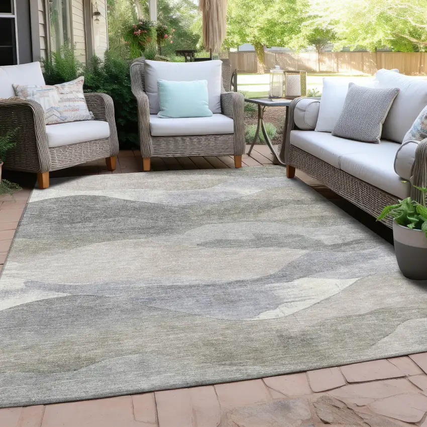 Beige And Gray Abstract Washable Indoor Outdoor Area Rug Photo 4