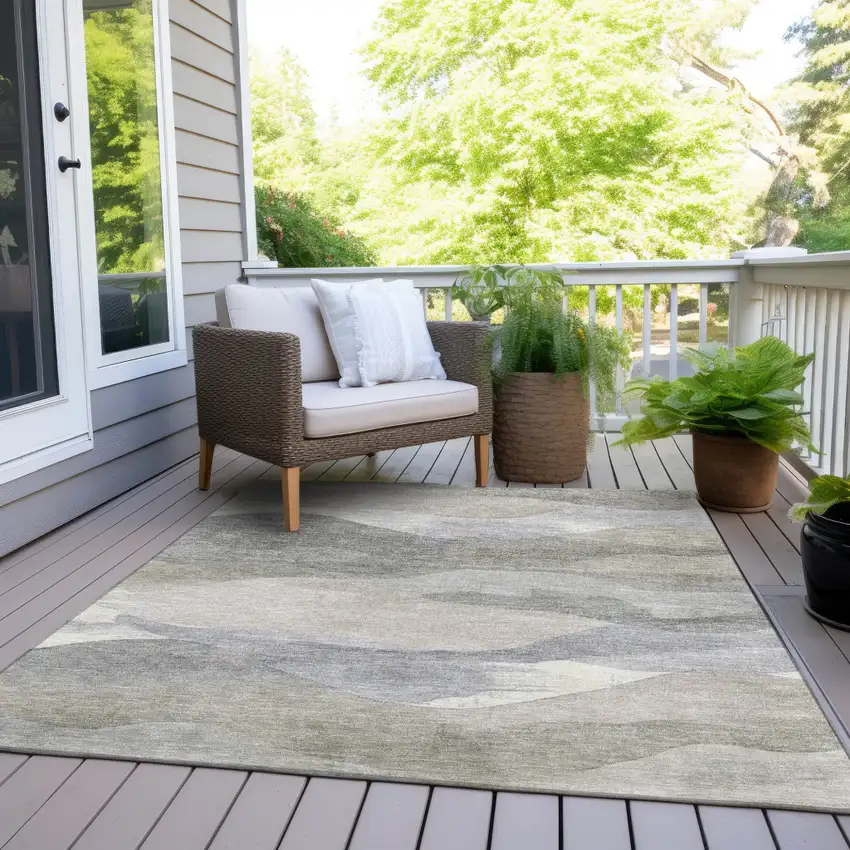 Beige And Gray Abstract Washable Indoor Outdoor Area Rug Photo 7
