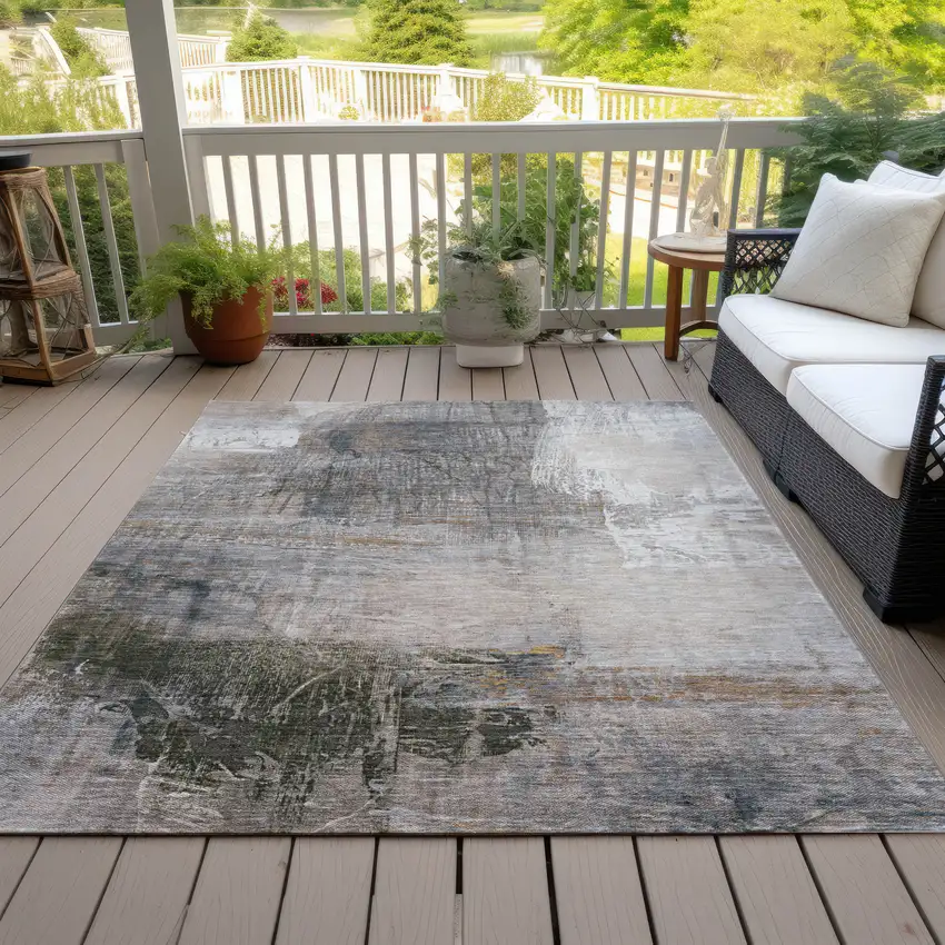 Beige And Gray Abstract Washable Indoor Outdoor Area Rug Photo 9