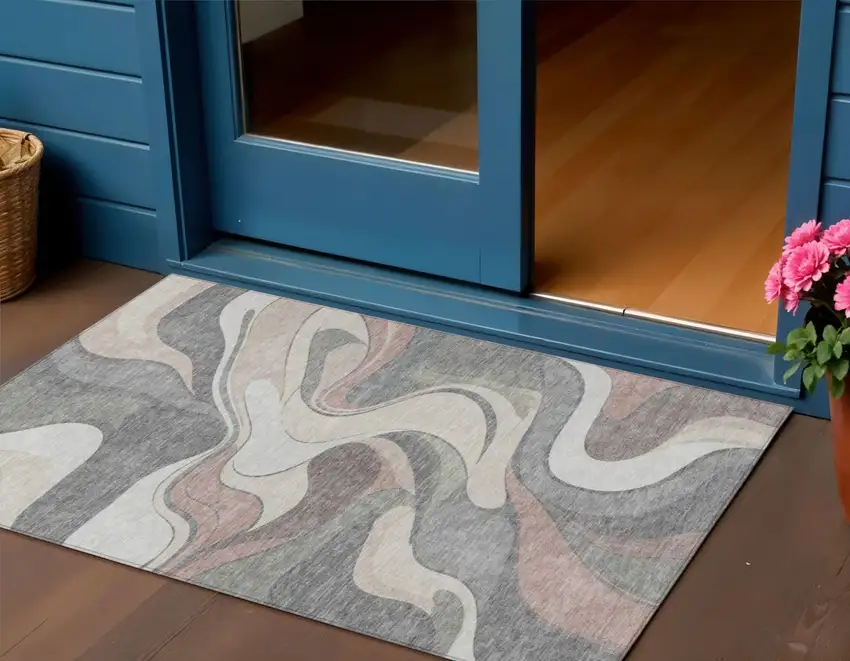 Beige And Gray Abstract Washable Indoor Outdoor Area Rug Photo 2