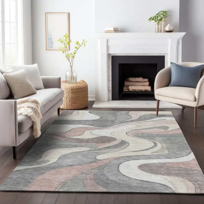 Beige And Gray Abstract Washable Indoor Outdoor Area Rug Photo 9