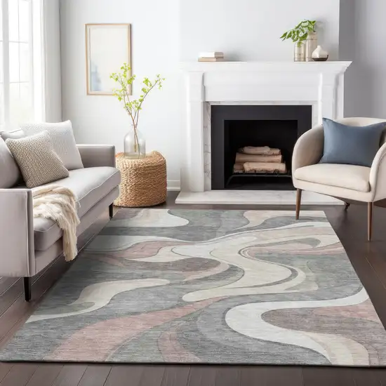 Beige And Gray Abstract Washable Indoor Outdoor Area Rug Photo 9