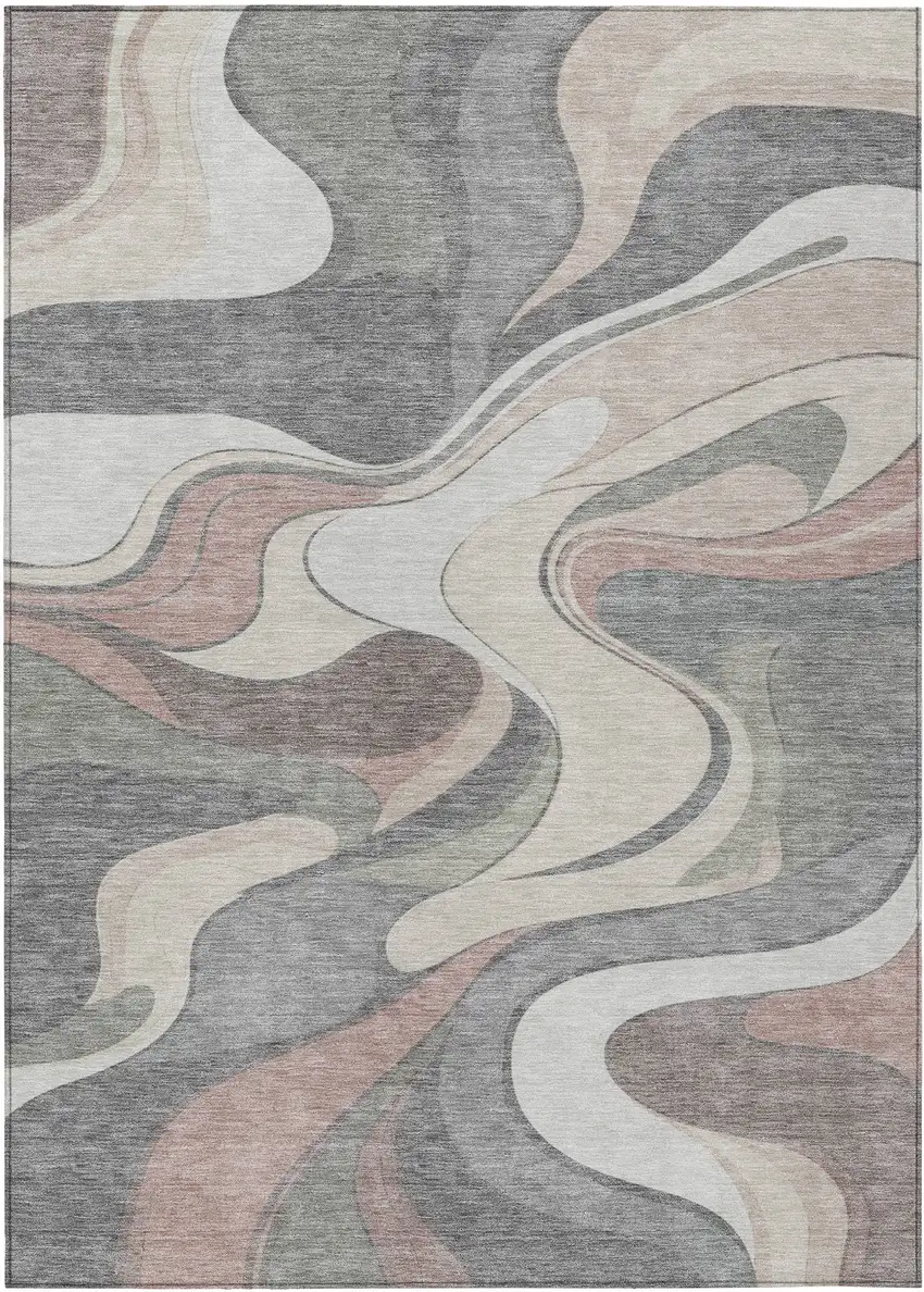 Beige And Gray Abstract Washable Indoor Outdoor Area Rug Photo 1