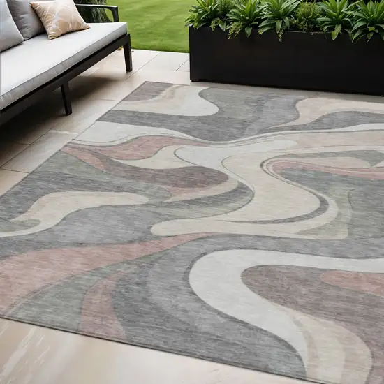 Beige And Gray Abstract Washable Indoor Outdoor Area Rug Photo 2