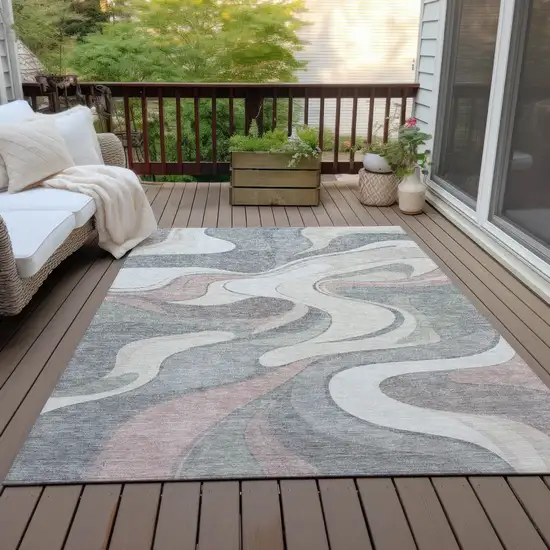 Beige And Gray Abstract Washable Indoor Outdoor Area Rug Photo 7