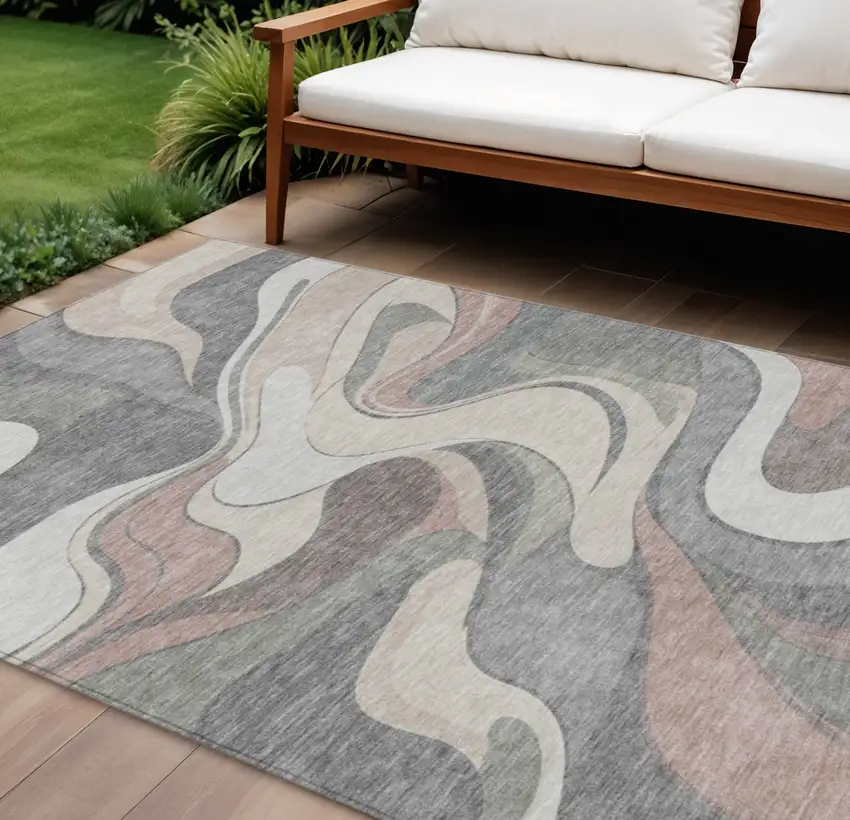 Beige And Gray Abstract Washable Indoor Outdoor Area Rug Photo 2