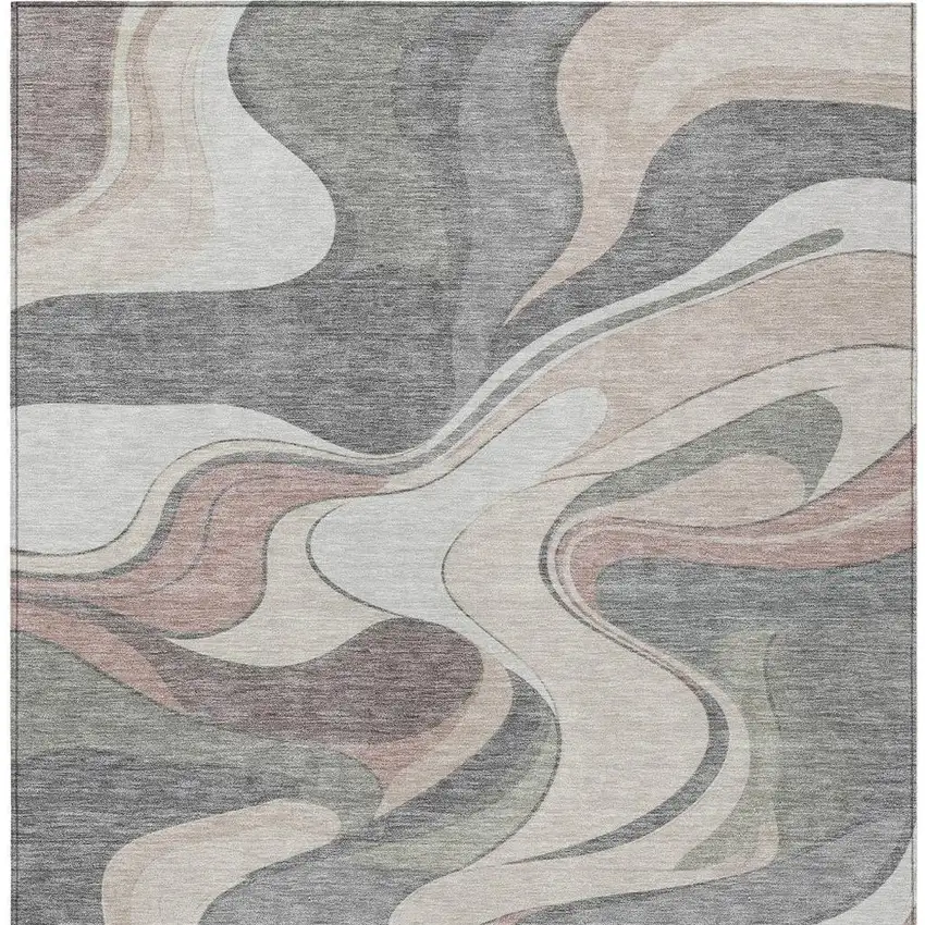 Beige And Gray Abstract Washable Indoor Outdoor Area Rug Photo 4
